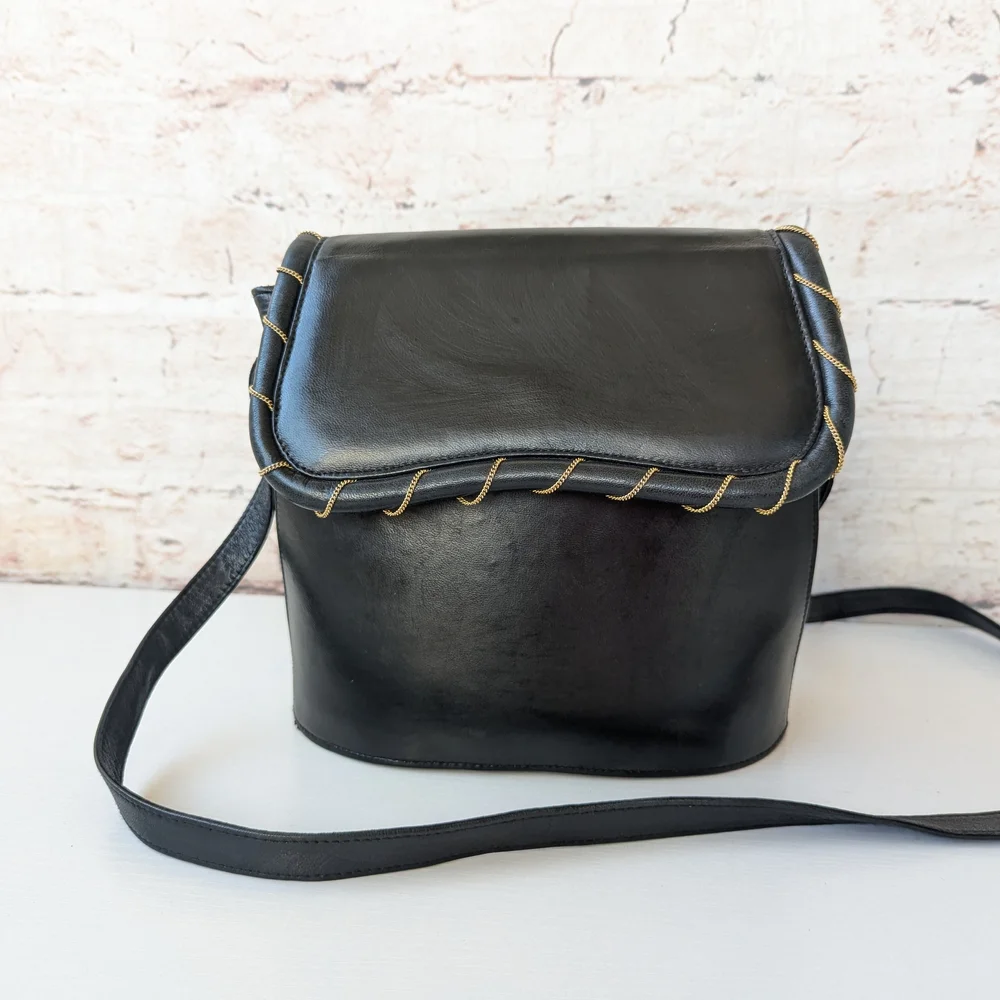Stuart Weitzman Black Crossbody Bag with Gold Stitching - Picture 2 of 13
